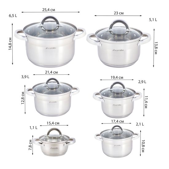Набор кастрюль 12 предметов Kamille KM-5638S из нержавеющей стали