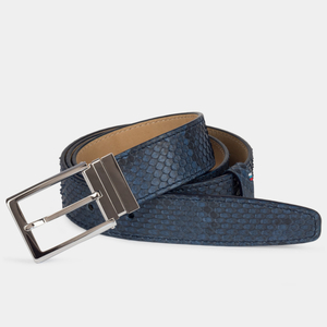 Ремень мужской кожаный из натурального питона синего цвета ширина 35мм со стальной пряжкой