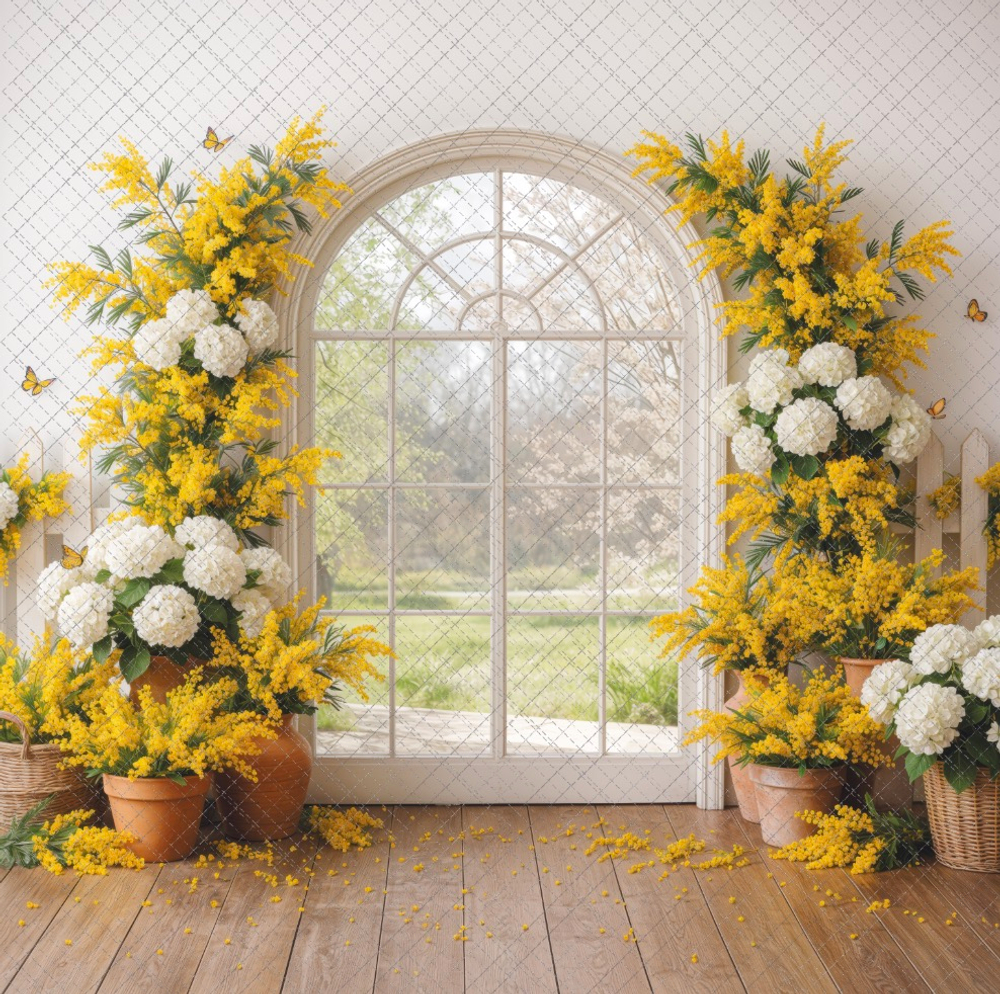 Окно - мимоза - гортензии - фон неопреновый