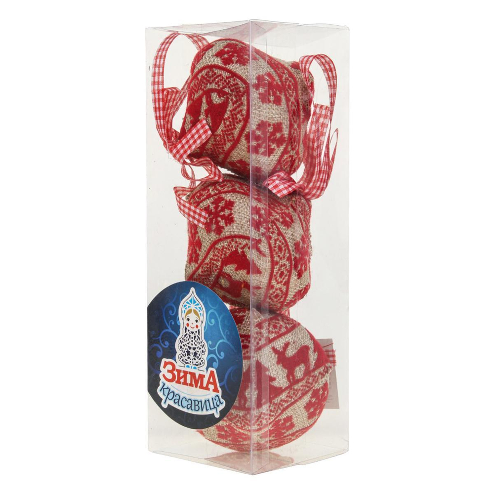 Ел игр Юла мешковина с красным узором 8 см 3 шт, кор прозрач