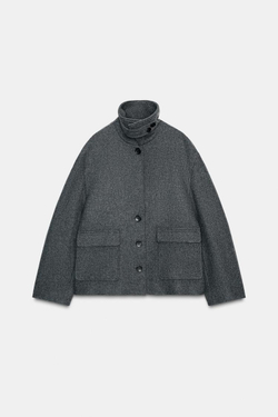 ZARA КОРОТКОЕ ПАЛЬТО ИЗ СМЕСОВОЙ ШЕРСТИ С ВОРОТНИКОМ-СТОЙКОЙ, СЕРЫЙ