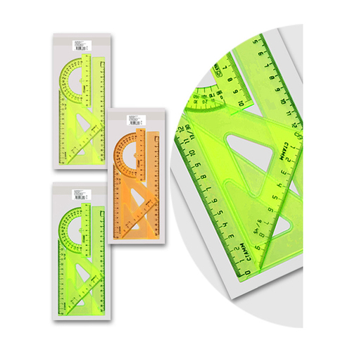 Набор чертежный средний СТАММ "Neon Cristal" (треуг. 2шт., линейка 20см, транспортир), ассорти
