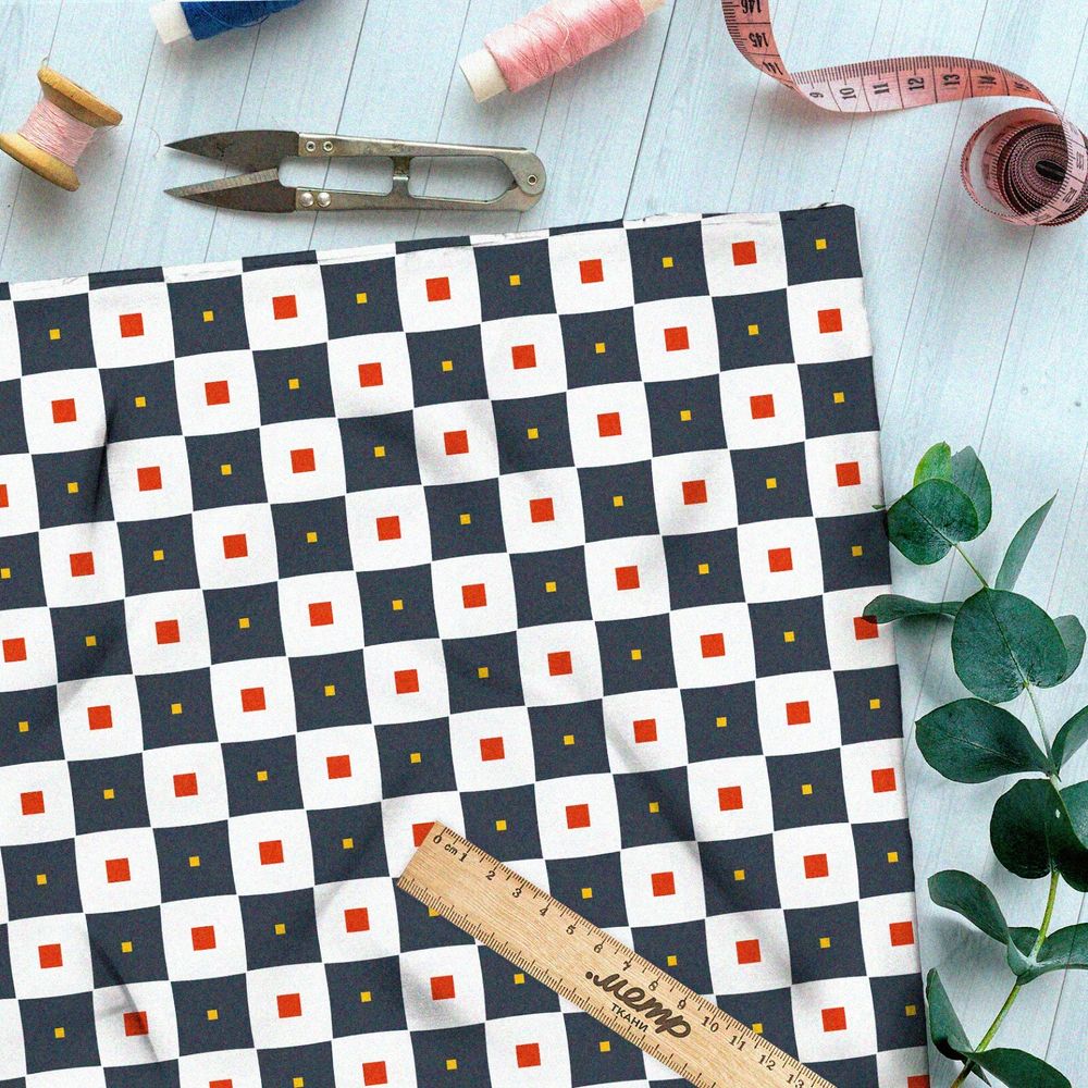 Ткань футер 2-х нитка шахматная доска с разноцветными квадратами