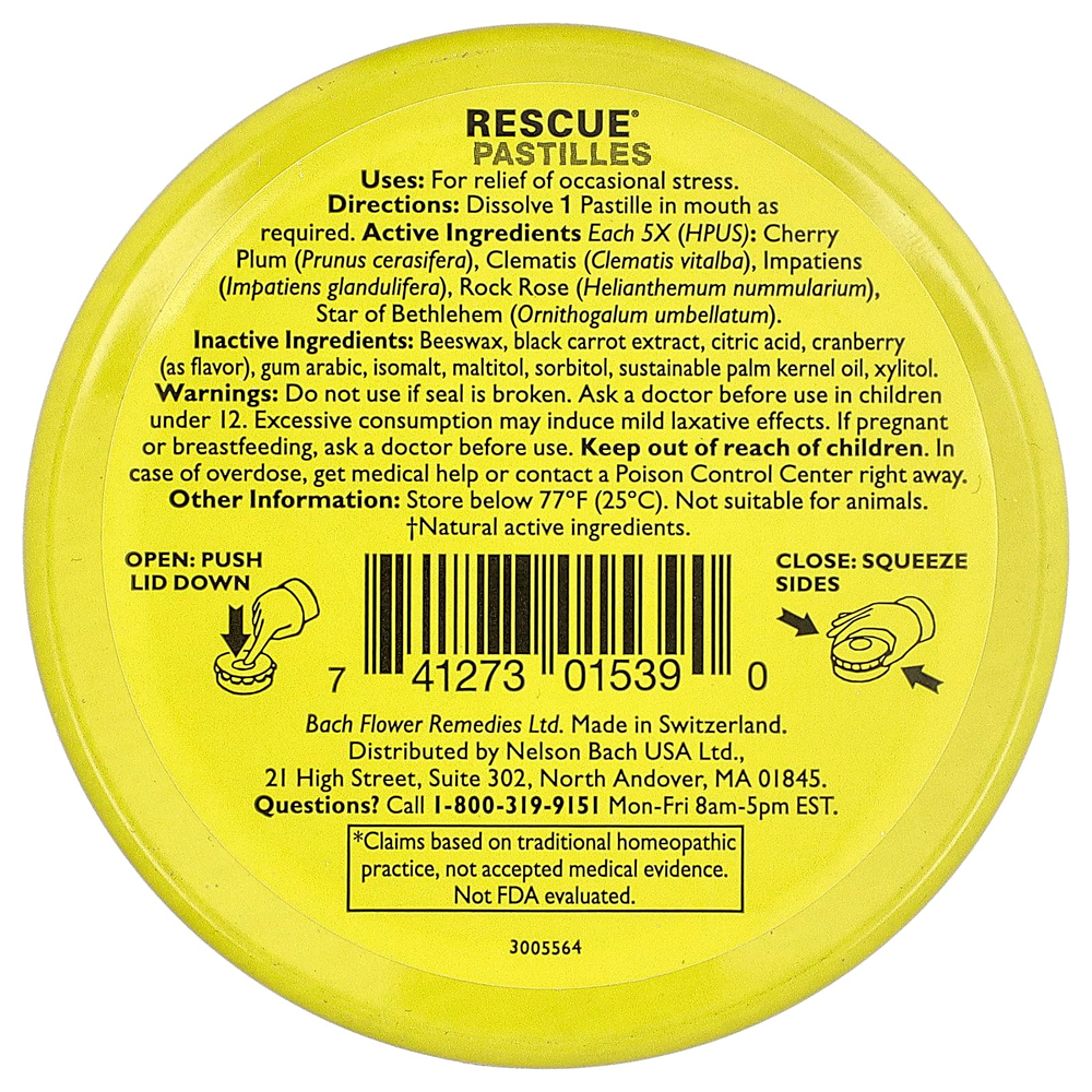 Bach, Rescue®, пастилки для снятия стресса природным способом, со вкусом клюквы, 35 пастилок