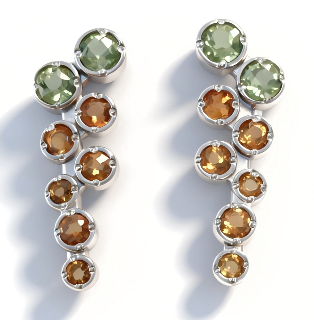 Ювелирные серьги-гвоздики из серебра,вставка хризолит,цитрин