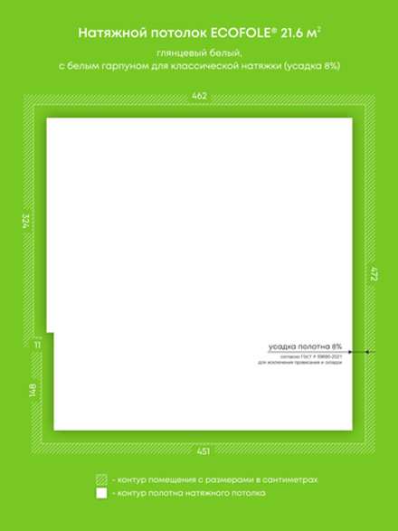 Глянцевый натяжной потолок 21.6 м2