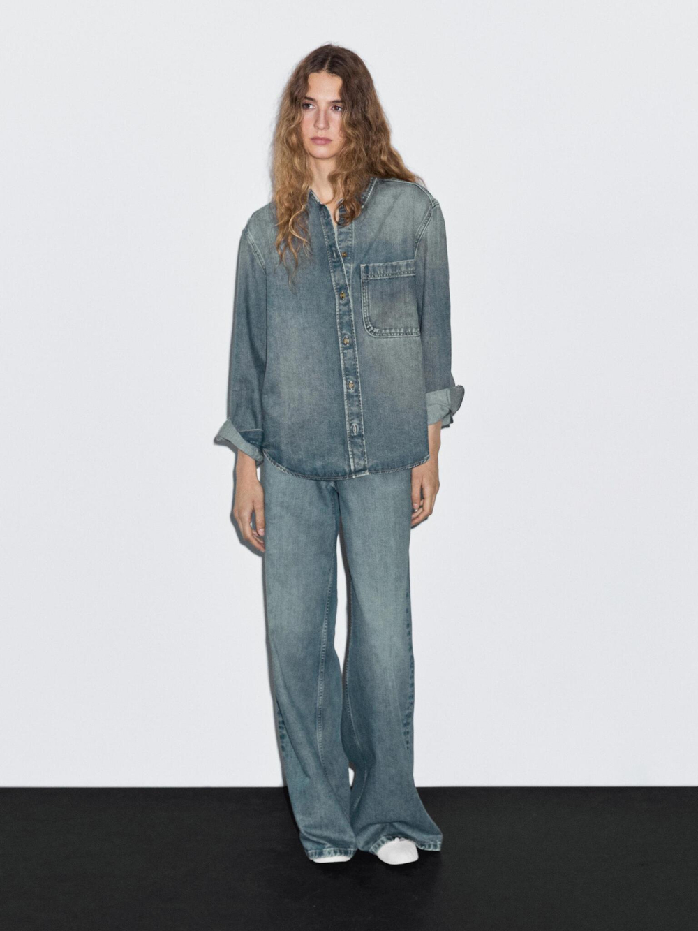 Massimo Dutti Джинсы с высокой талией и широкими штанинами, светло-голубой