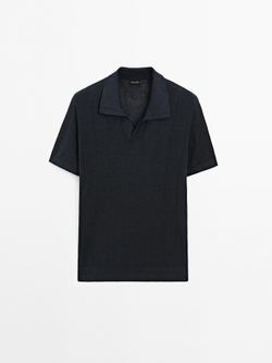 Massimo Dutti Льняной трикотажный свитер с воротником-поло, темно-синий