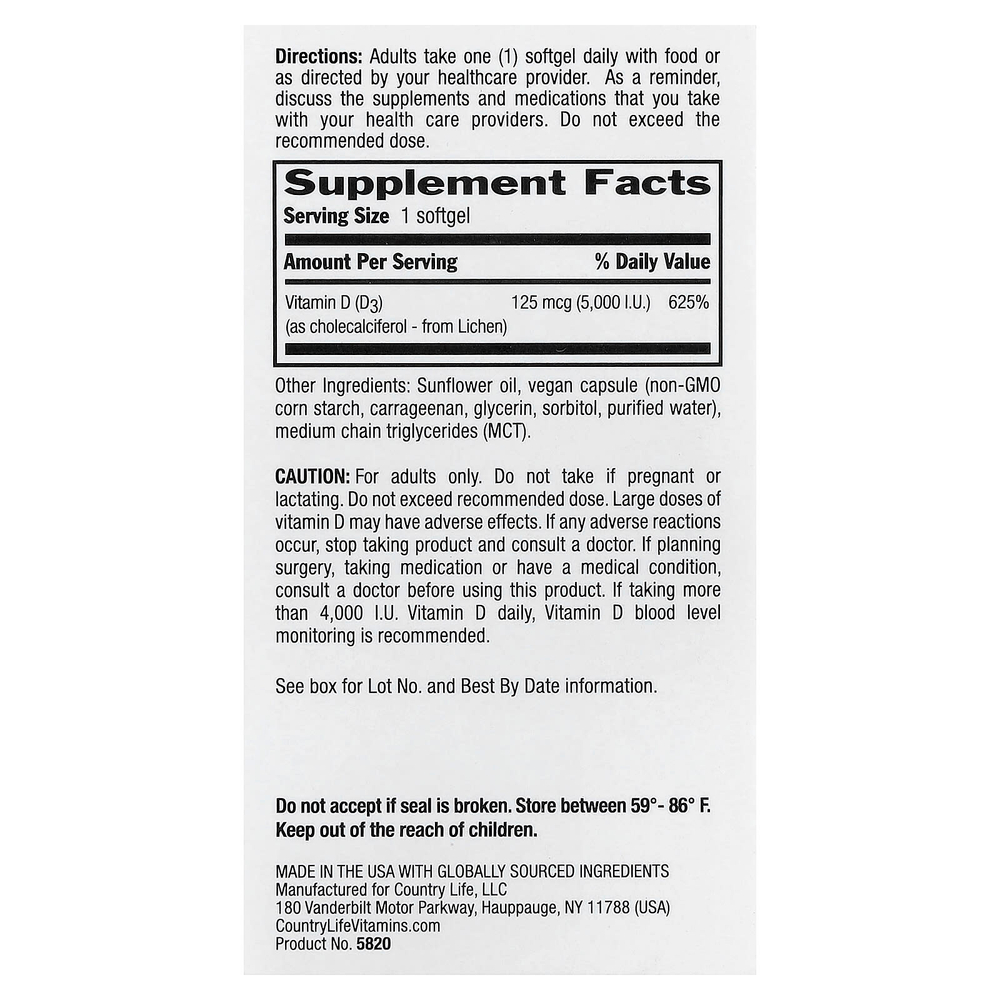 Country Life, Сертифицированный веганский витамин D3, 125 мкг (5000 МЕ), 30 веганских мягких таблеток