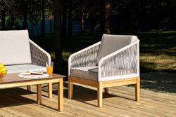 "Канны" кресло плетеное из роупа, основание дуб, роуп бежевый круглый, ткань бежевая 15052