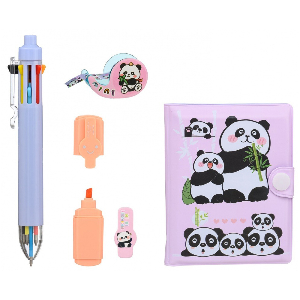 Канцелярский набор Basir с цветным текстовыделителем, 8-ми цветной ручкой, скотчем и блокнотом, серия "Панда", ассорти, 19.7*11 см