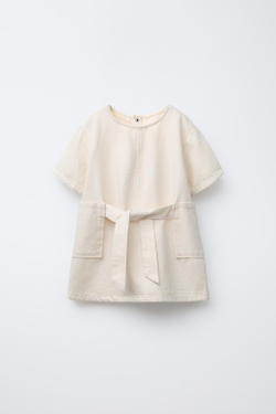 ZARA ПЛАТЬЕ ИЗ ТВИЛА С ПОЯСОМ, ЭКРЮ