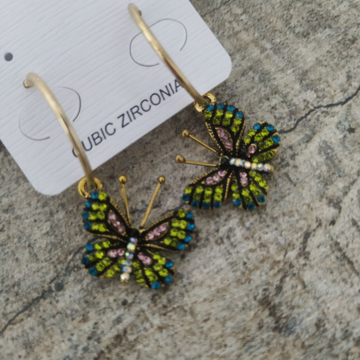 Серьги Бабочки на кольце стразы цвет розовый зеленый синий металл золотистый