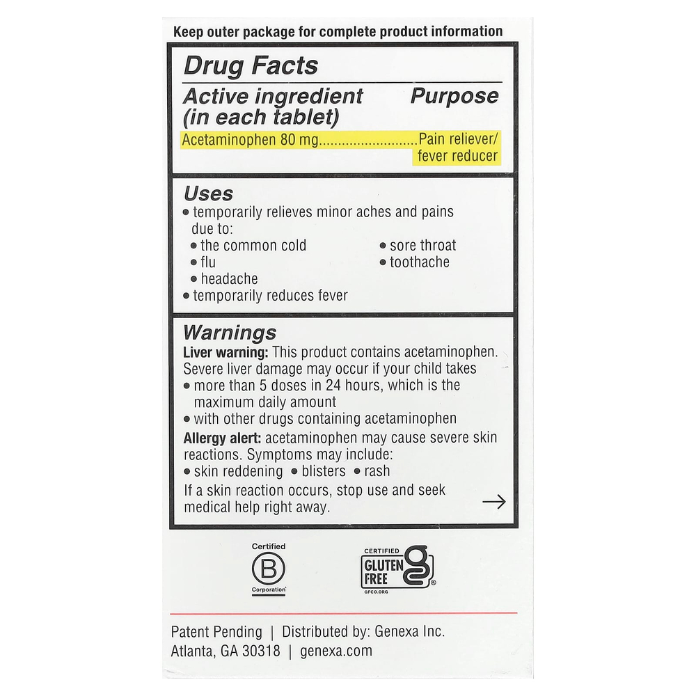 Genexa, Kids 'Pain & Fever, Ages 2-11, Grape, 80 мг, 24 жевательные таблетки