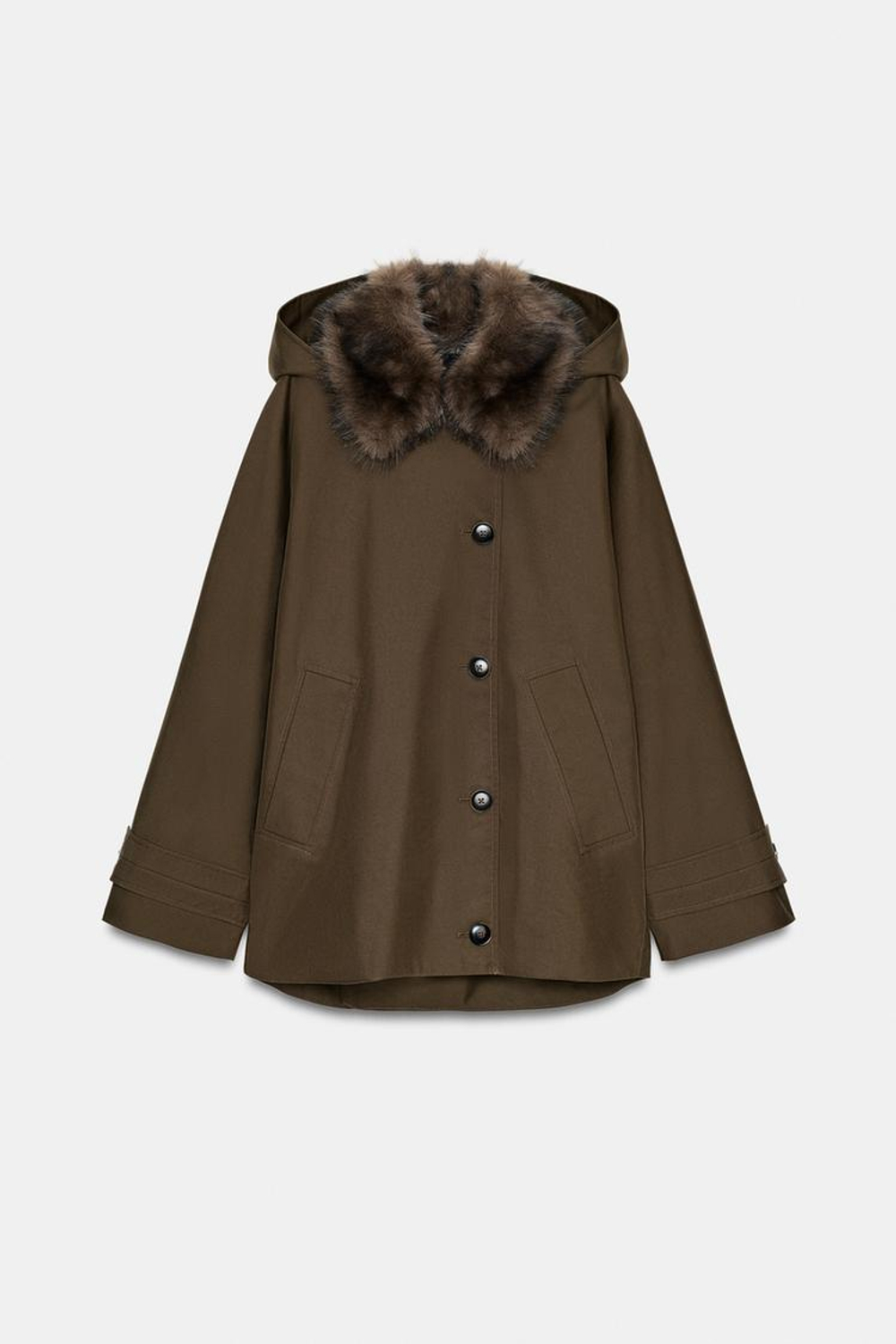 ZARA КОРОТКИЙ ТРЕНЧ С МЕХОВЫМ ВОРОТНИКОМ — ZW COLLECTION, ТЕМНЫЙ ХАКИ