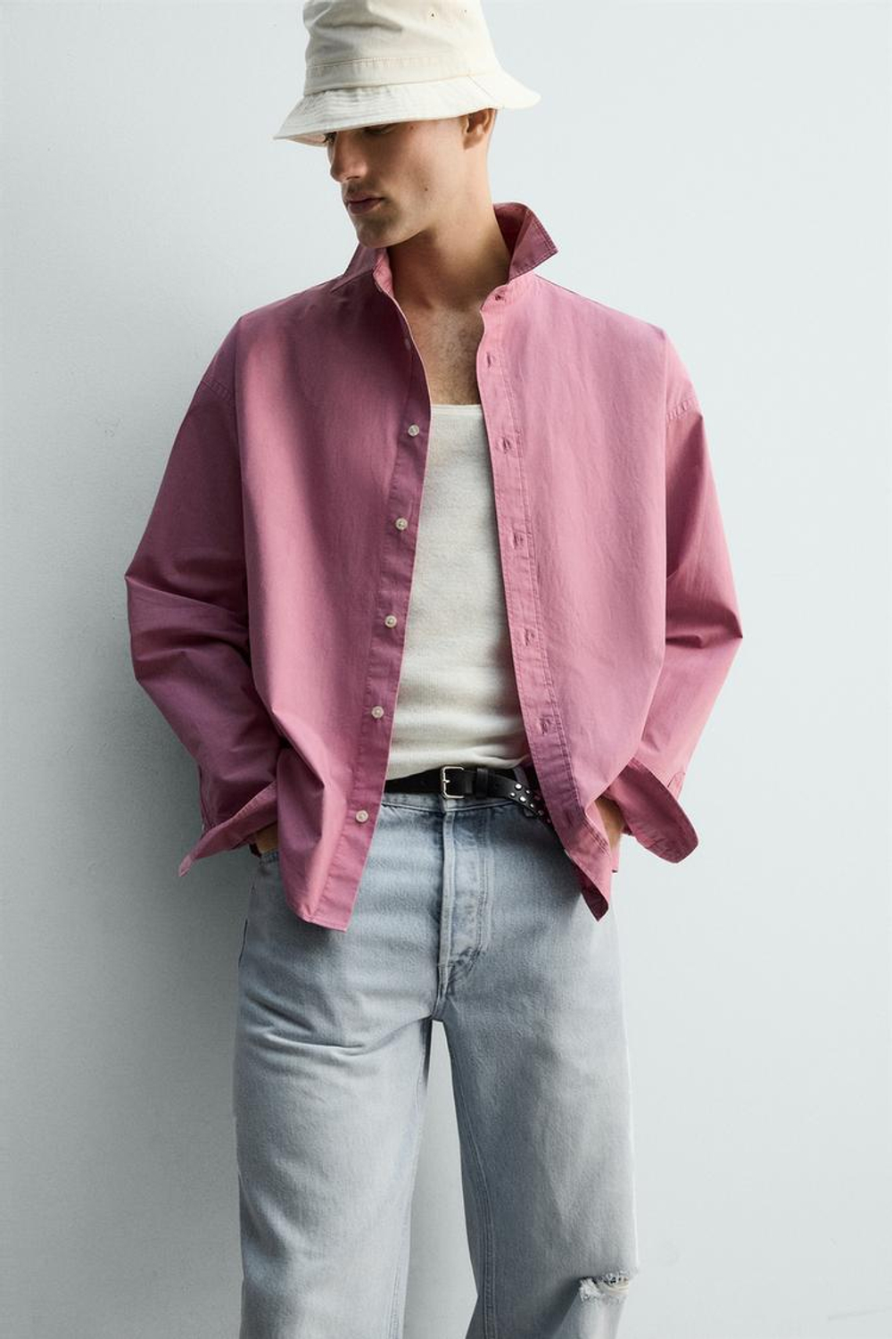 ZARA РУБАШКА REGULAR FIT ИЗ ВЫСТИРАННОГО ХЛОПКА, РОЗОВЫЙ