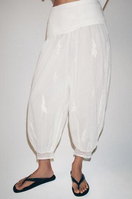 ZARA БРЮКИ-БАГГИ С ВЫШИВКОЙ — ZW COLLECTION, ЭКРЮ