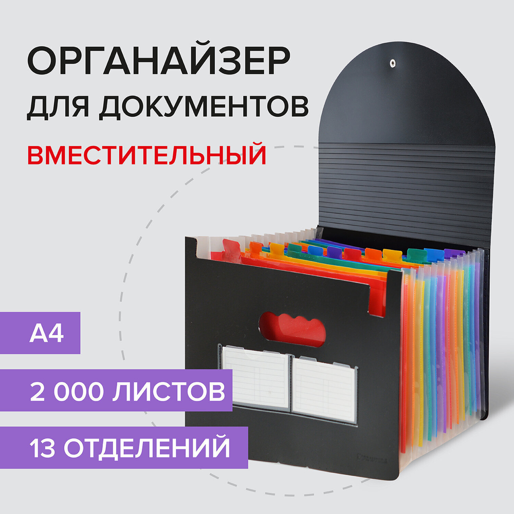 Папка-органайзер для бумаг и документов на резинке 13 отделений BRAUBERG DOCS А4 черная (2 штуки в упаковке)