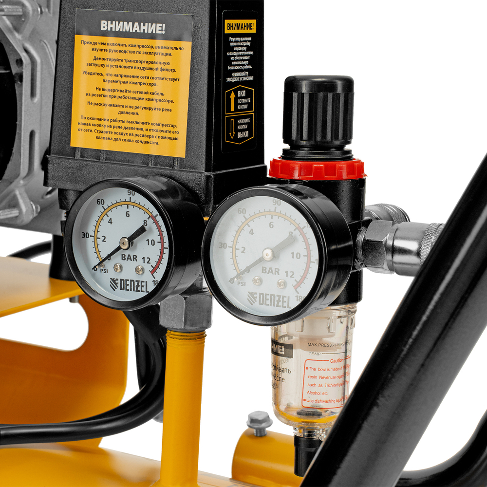 Компрессор безмасляный, малошумный DLS 3300/100, 3300 Вт,3x1100, 100 л, 570 л/мин ,блок управления Denzel