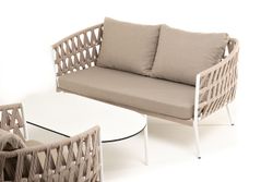 "Диего" лаунж-зона 4-местная плетеная из роупа (веревки), каркас алюминиевый белый, роуп бежевый