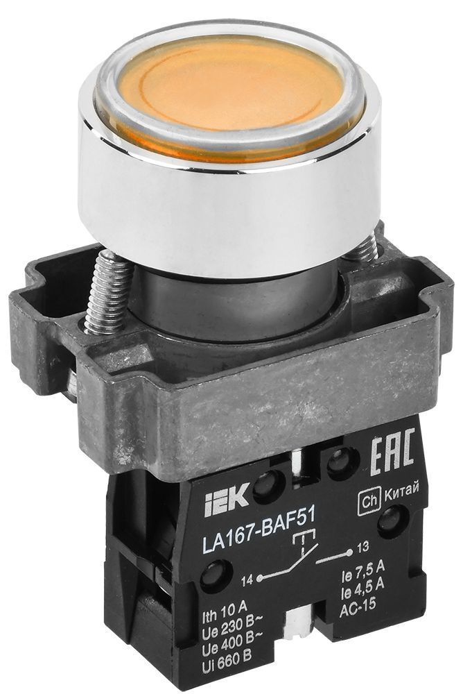 Кнопка управления LA167-BAF51 d=22мм 1з желтая IEK