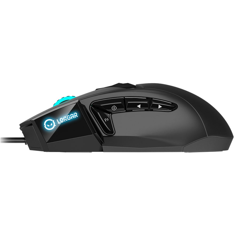 LORGAR Stricter 579, gaming mouse, 9 programmable buttons, Pixart PMW3336 sensor, DPI up to 12 000, 50 million clicks buttons lifespan, 2 switches, built-in display, 1.8m USB soft silicone cable, Matt UV coating with glossy parts and RGB lights with 4 LED flowing modes, size: 131*72*41mm, 0.127kg, black