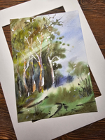 Картина акварельная в паспарту 30х40 см на стену для интерьера "В тени деревьев"