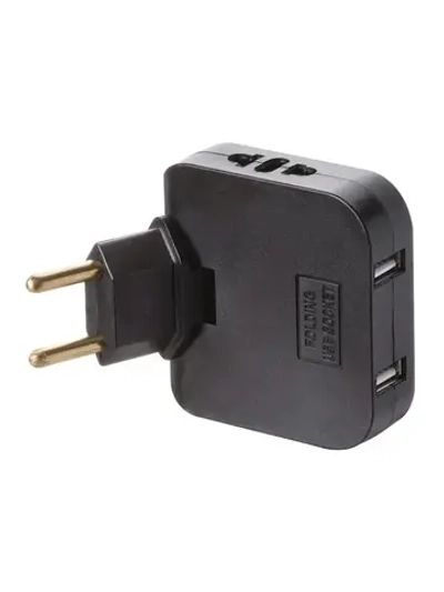 Тройник для розетки с USB 2.0 плоский поворотный, USB разветвитель электрический, черный