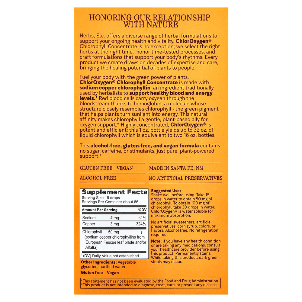 Herbs Etc., ChlorOxygen®, концентрат хлорофилла, без спирта, 30 мл (1 жидк. унция)