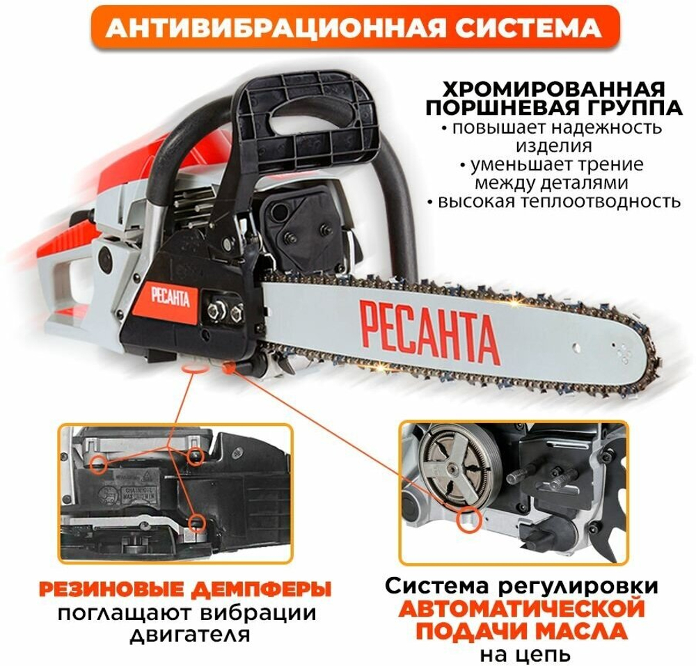 Бензопила Ресанта БП-4516, двухтактный, длина шины 40 см, 57 звеньев, 2.3 кВт