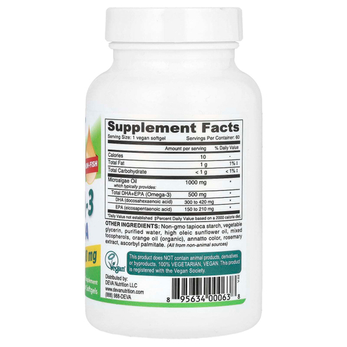 Deva, Веганские омега-3 DHA-EPA, 500 мг, 60 веганских мягких таблеток
