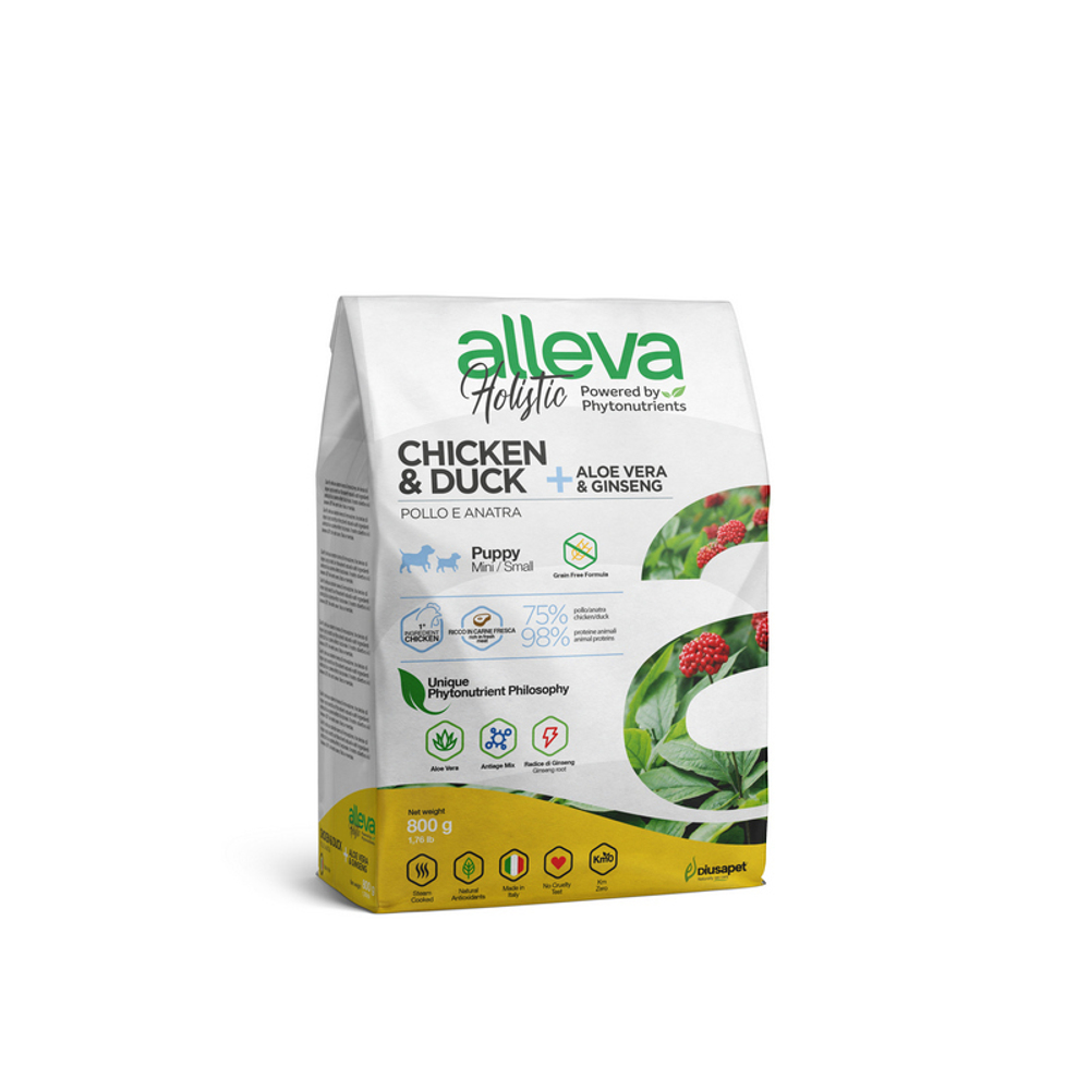 Беззерновой корм Alleva Holistic, для щенков мелких пород, курица/утка/алоэ/женьшень, 800 г