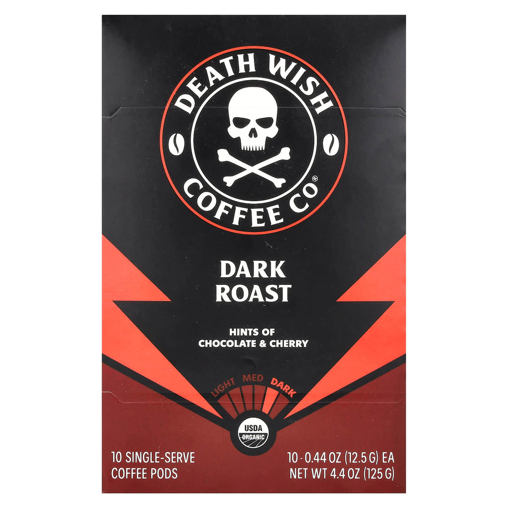 Death Wish Coffee, Порционные кофейные капсулы, темная обжарка, 10 капсул, по 12,5 г (0,44 унции)