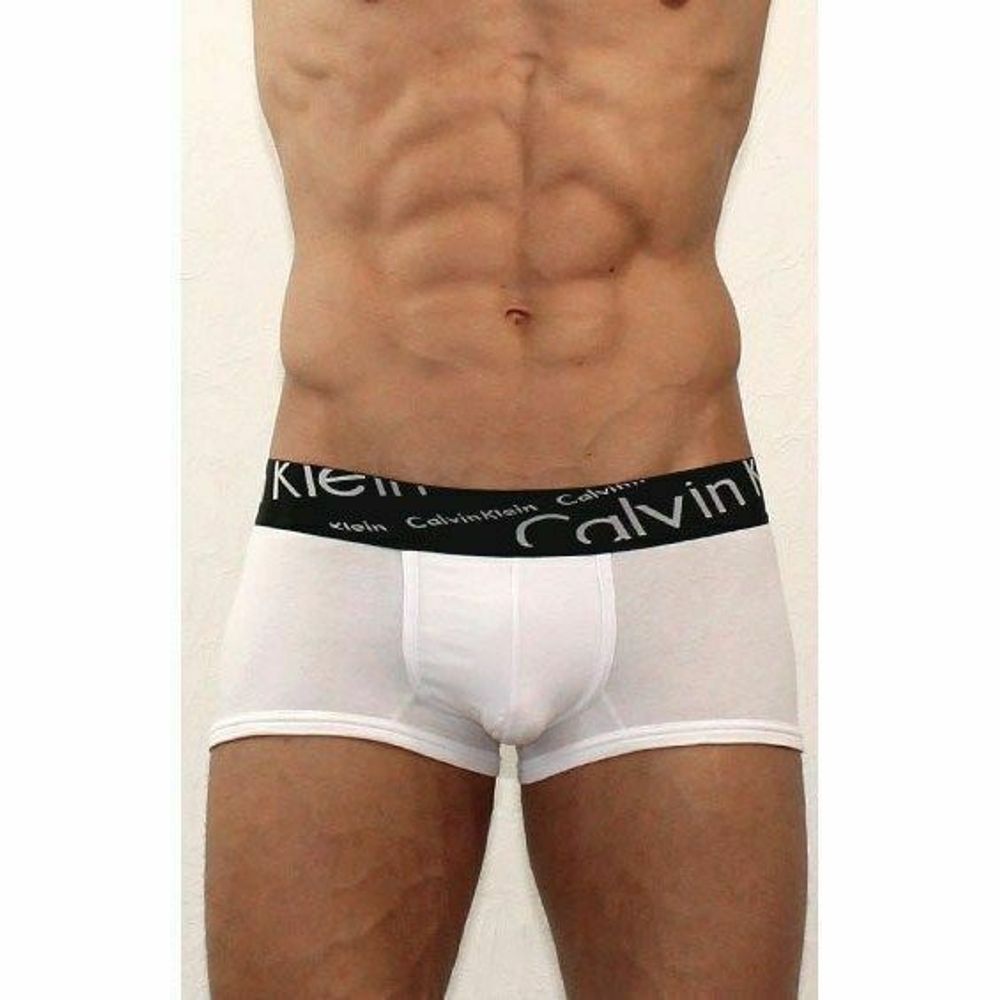 Мужские трусы хипсы белые с с черной косой резинкой Calvin Klein White Waistband Italics Boxer