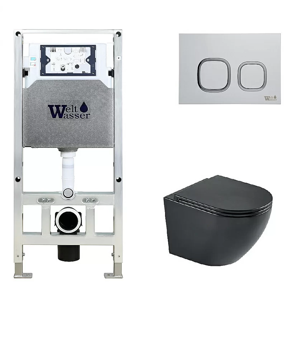 Унитаз подвесной WeltWasser AMBERG 506 ST + HEIMBACH 043 MT-BL + AMBERG RD-WT черный матовый, безободковый, с крышкой микролифт, слив-торнадо, с инсталляцией и белой кнопкой