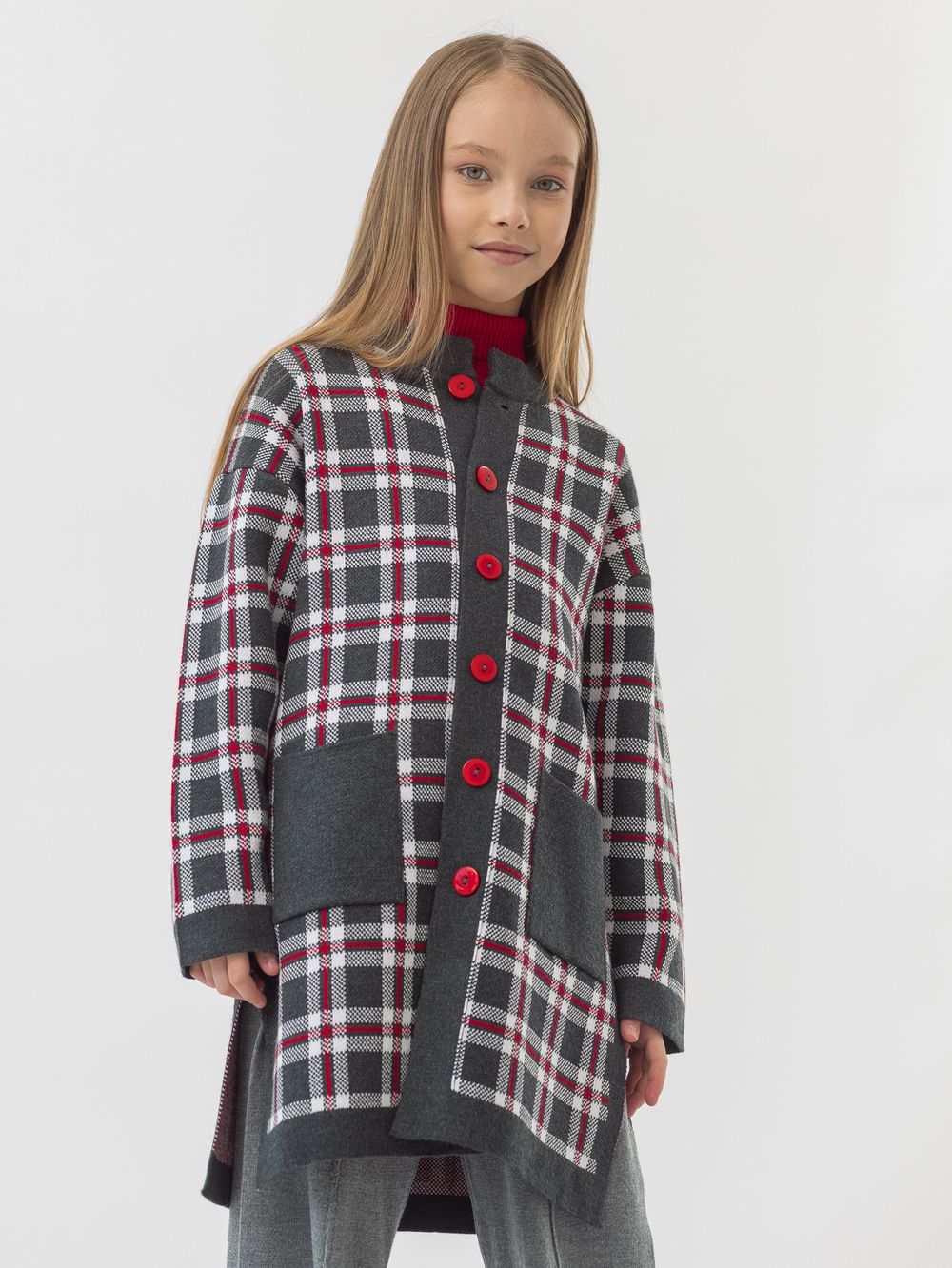Кардиган серо-бело-красный для девочки арт. АТ922