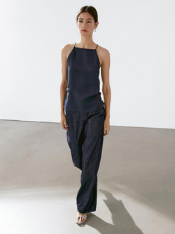 Massimo Dutti Топ из смесового льна с горловиной халтер и квадратным вырезом, темно-синий