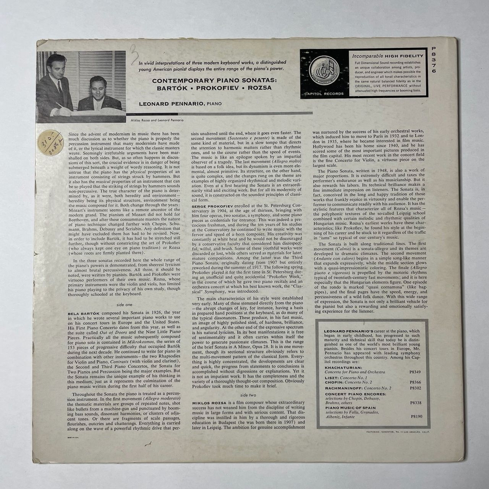 Винтажная виниловая пластинка LP Leonard Pennario Bartok, Pennario, Rozsa, Contemporary Piano Sonatas (USA 1957)