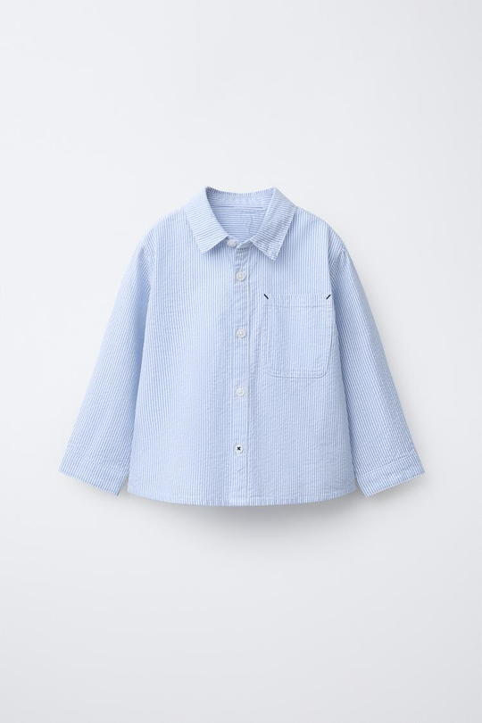 ZARA БАЗОВАЯ РУБАШКА ИЗ ЖАТОЙ ТКАНИ, СИНИЙ