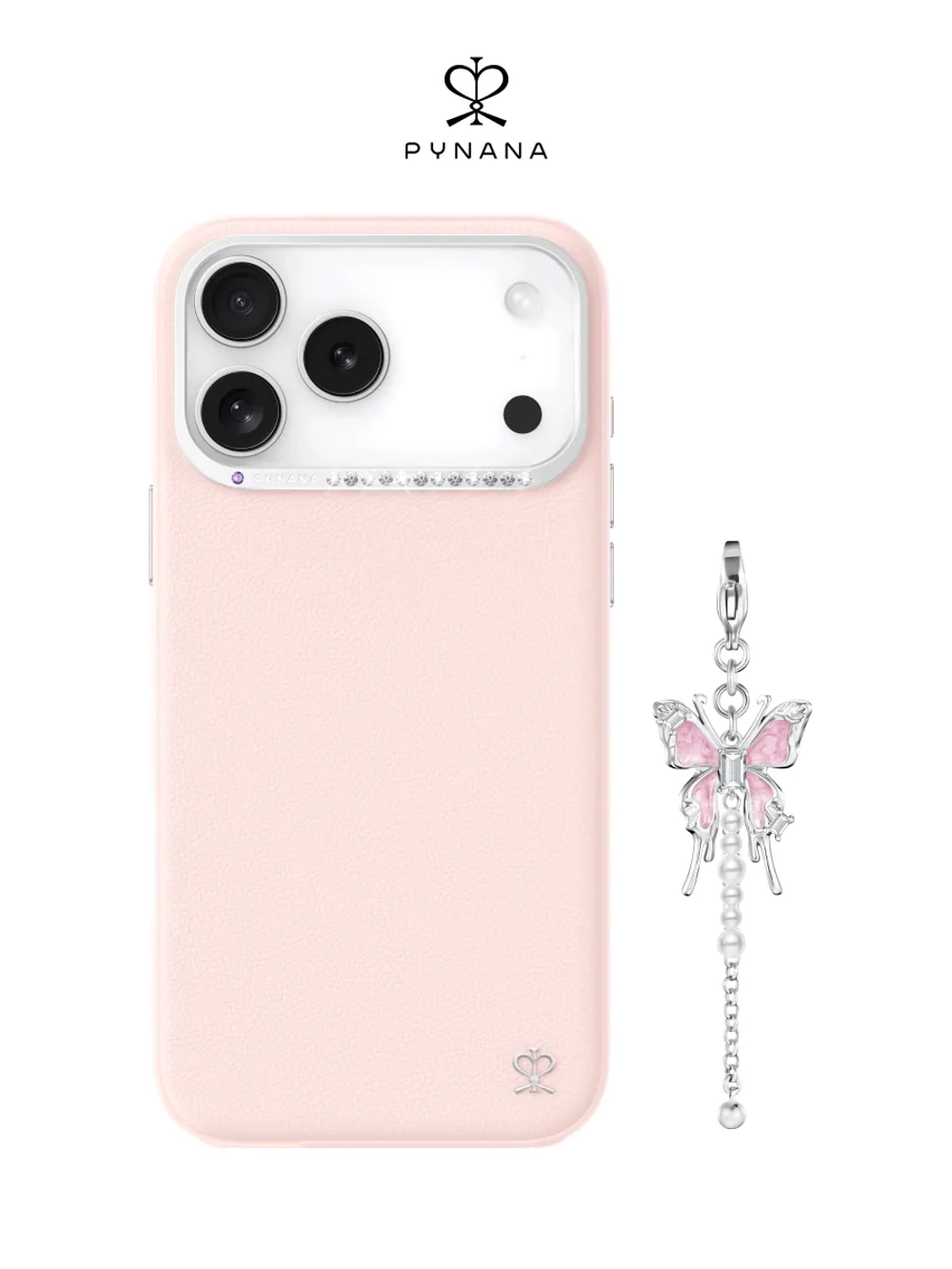 Чехол PYNANA для iPhone 17 Pro кожа, Swarovski, розовый
