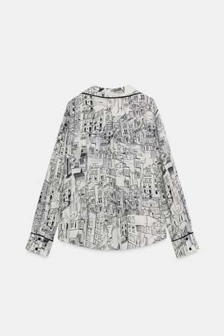 ZARA БЛУЗА С ПРИНТОМ И ОТДЕЛКОЙ КАНТОМ, ЭКРЮ/ЧЕРНЫЙ