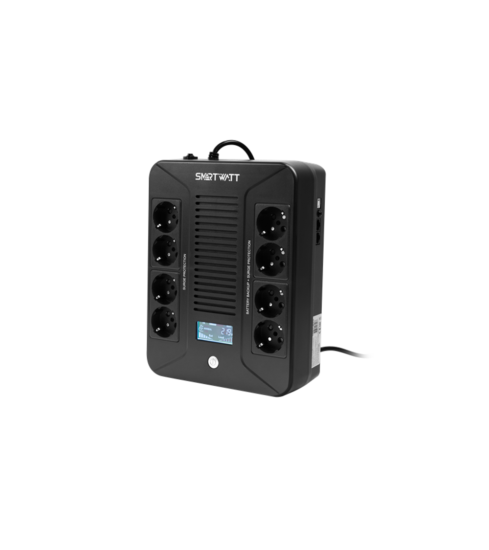SMARTWATT линейно-интерактивный, 1000/600 ВА/Вт, напольный/настенный, LCD дисплей, Shuko CEE7/4 - 8 шт. (4 шт. с резервным питанием, 4 шт. - сетевой фильтр)