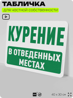 Табличка для частной территории "Курение в отведенных местах", на дом, для участка, организаций и частных территорий, предупреждающая, 40х30 см, Silver Plane x Айдентика Технолоджи