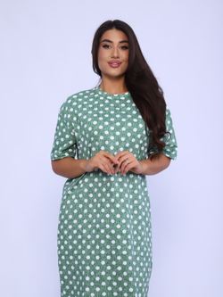 Платье трикотажное макси с разрезами 116-311-1, Зеленый/Горох