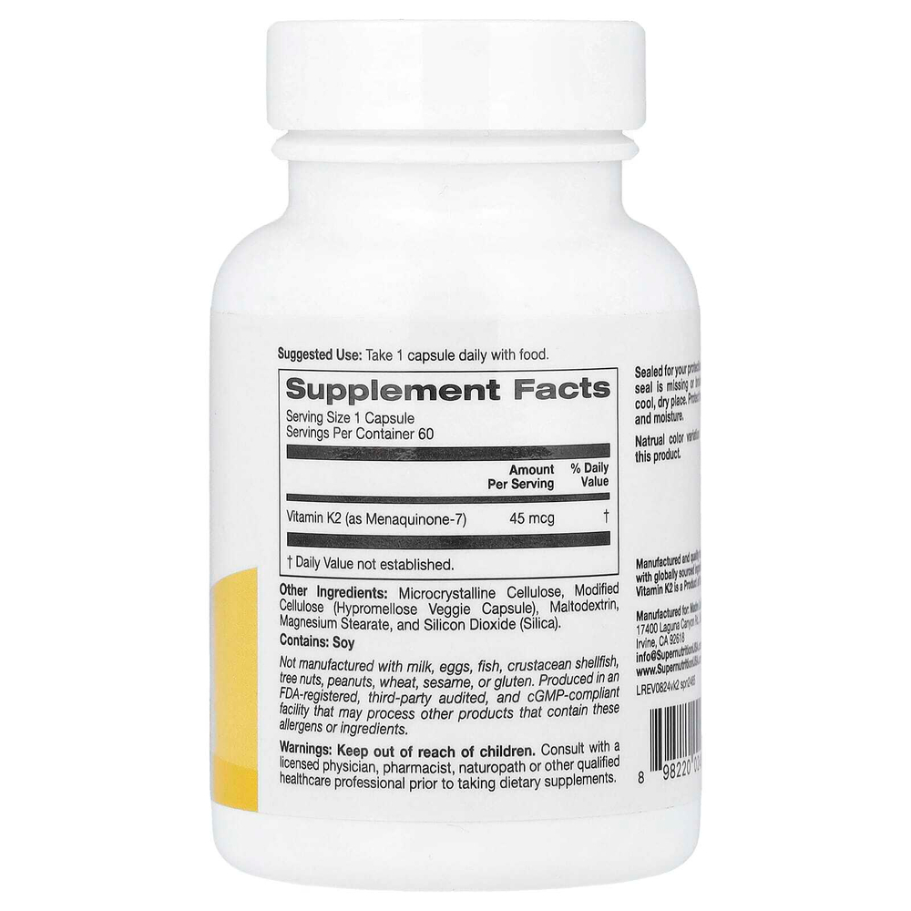 Super Nutrition, витамин K2, 45 мкг, 60 растительных капсул