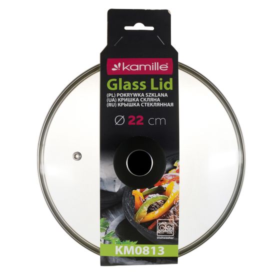Крышка стеклянная 22 см. универсальная Kamille КМ 0813 с металлическим ободком