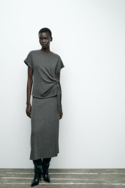 ZARA МЯГКИЙ ТОП С УЗЛОМ, СЕРЫЙ С МЕЛАНЖЕВЫМ ЭФФЕКТОМ