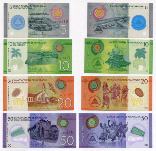 Банкноты Никарагуа 4 шт (5, 10, 20 и 50 кордоба) 2014-2019  гг. UNC (пластик)
