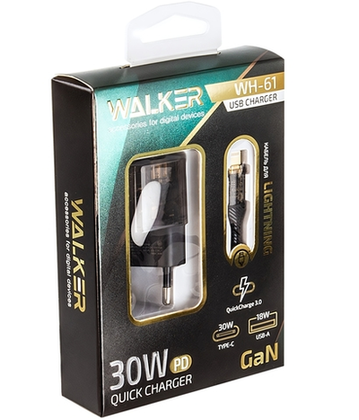Зарядное устройство WALKER WH-61 GaN PD30W+QC3.0 3A Type-C+USB + кабель Type-C-Lightning Black
