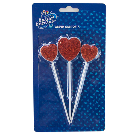 Свеча Сердце, Красный, с блестками, 8,5 см, 3 шт. с держат.
